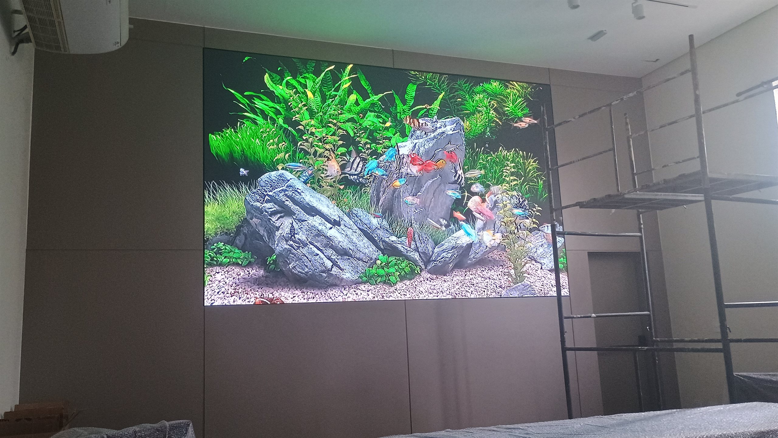 Painel de LED da entidade empresarial de Santos exibindo cena de aquário em alta definição, com peixes coloridos, plantas e rochas, durante a instalação
