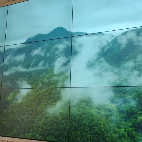 VideoWall 3x3 com nove monitores de 55 polegadas exibindo imagem de natureza em tela cheia, embutido em nicho de painel ripado de madeira no stand de vendas