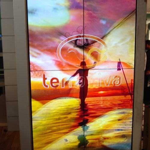 VideoWall 2x2 em modo retrato instalado em nicho, exibindo a marca do canal Terra Viva do Grupo Bandeirantes